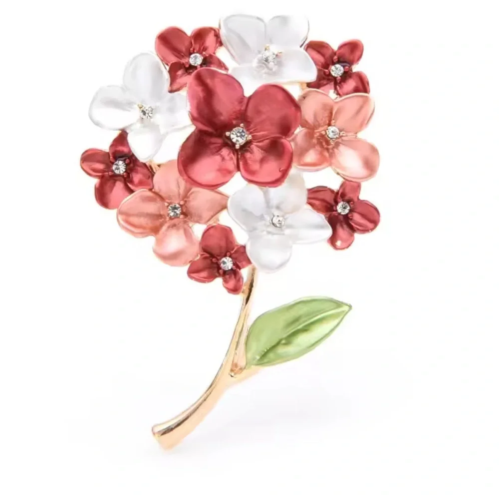 Vintage Floral Bouquet Brooch – Red White Flower Pin with Rhinestones